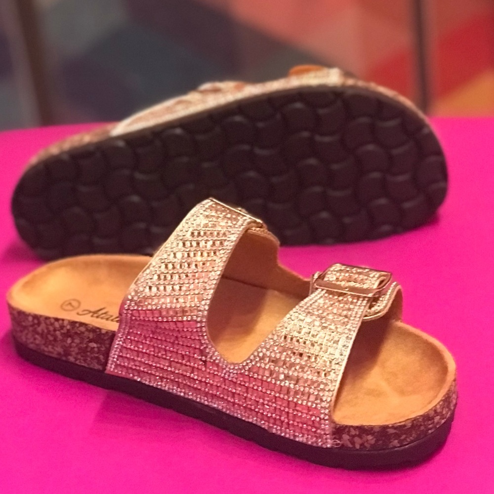 Italina Rhinestone Jewel Double Buckle Strap Cork Slide Contoured Sandal - Picture 5 of 15